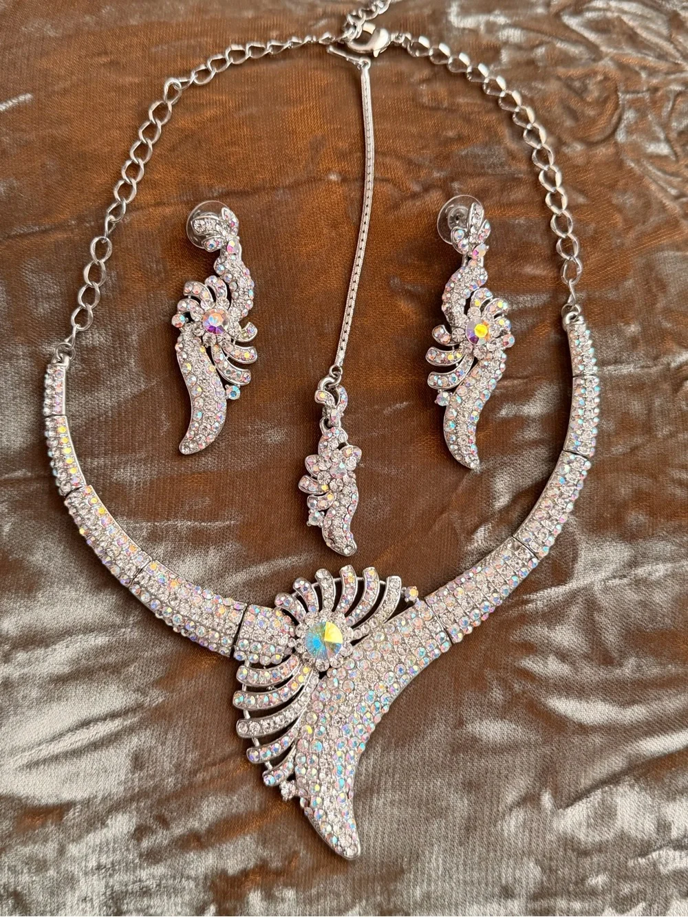 Crystal Pavé Silver-Tone Necklace & Earring Maang Tikka Set Indian Wedding #WS
